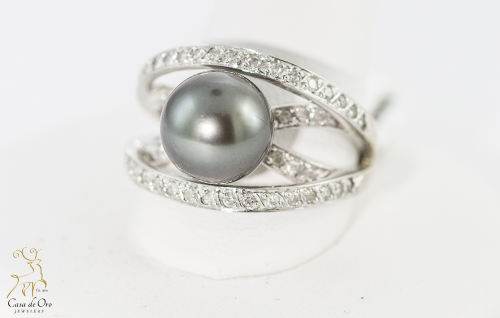 Pearl Black Tahitian & Diamond Ring 14KW
