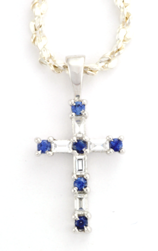Sapphire and Diamond Cross 14K White