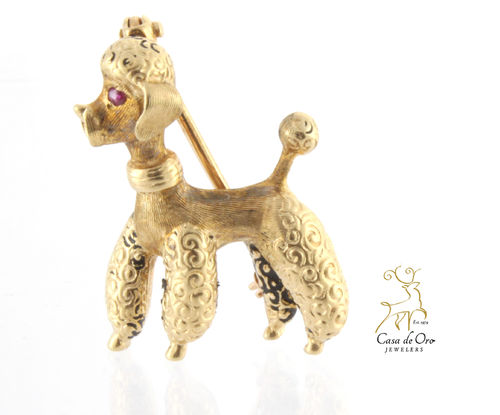 Poodle Brooch with Ruby Eye 14K
