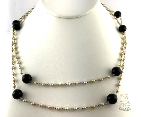 Sterling FW Pearl & Black Onyx Necklace