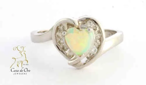 Opal Heart & Diamond Ring 14K White