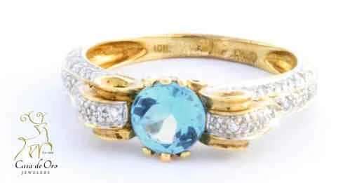 Blue Topaz & Diamond Ring 10K Yellow