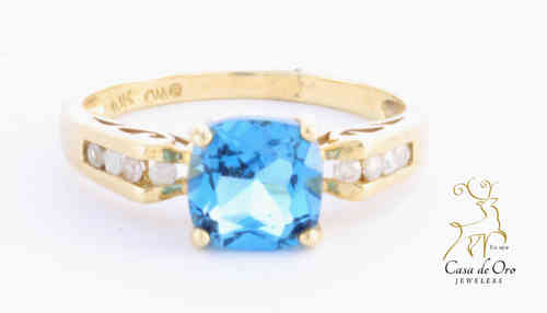 Blue Topaz & Diamond Ring 10K Yellow