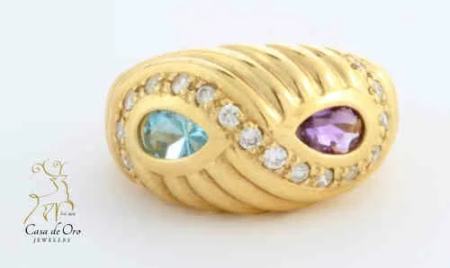Amethyst/Blue Topaz/Diamond Ring 14KY