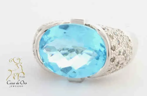 Blue Topaz & Diamond Ring 14K White