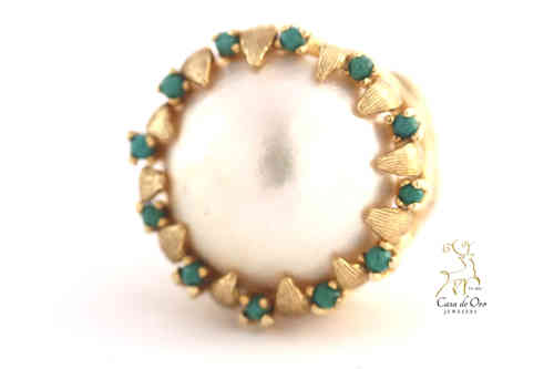 Pearl & Turquoise Ring 14K Yellow