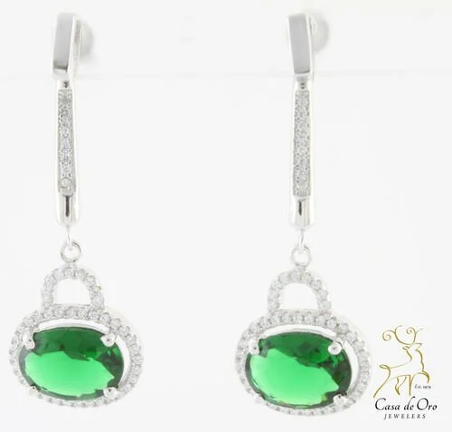 Sterling Earrings w/Simulated Emerald/CZ