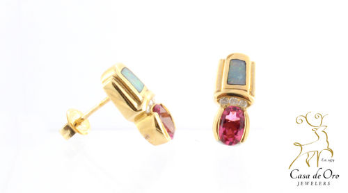 Tourmaline, Opal & Diamond Earrings 14KY