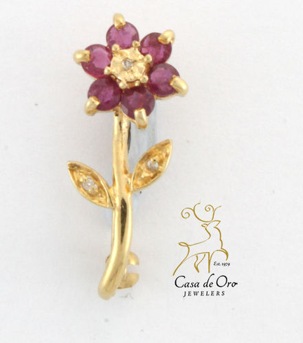 Ruby & Diamond Flower Brooch 14KY
