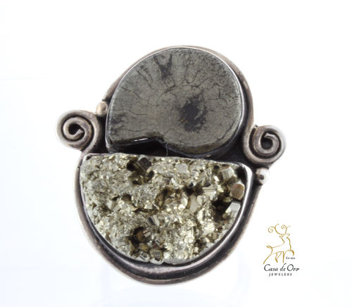 Pyrite & Ammonite Ring Sterling Silver