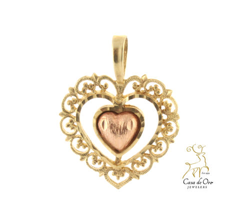 Gold Lacy Heart w/ Rose Heart Center Charm