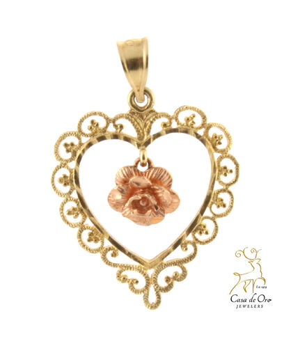 Gold Heart w/ Rose Gold Rose Charm 14K