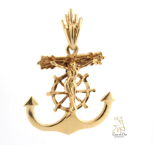 Gold Anchor & Crucifx Pendant 14KY